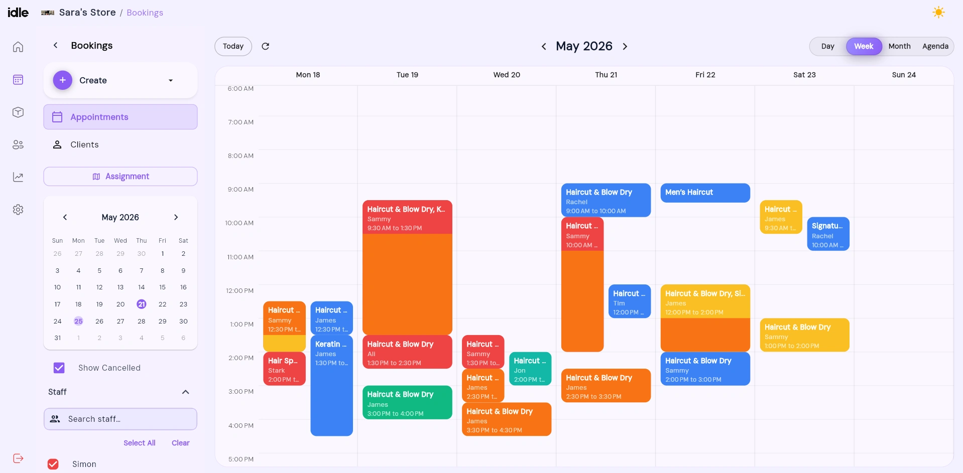 Idle salon management dashboard with calendar view, appointments, and staff schedule