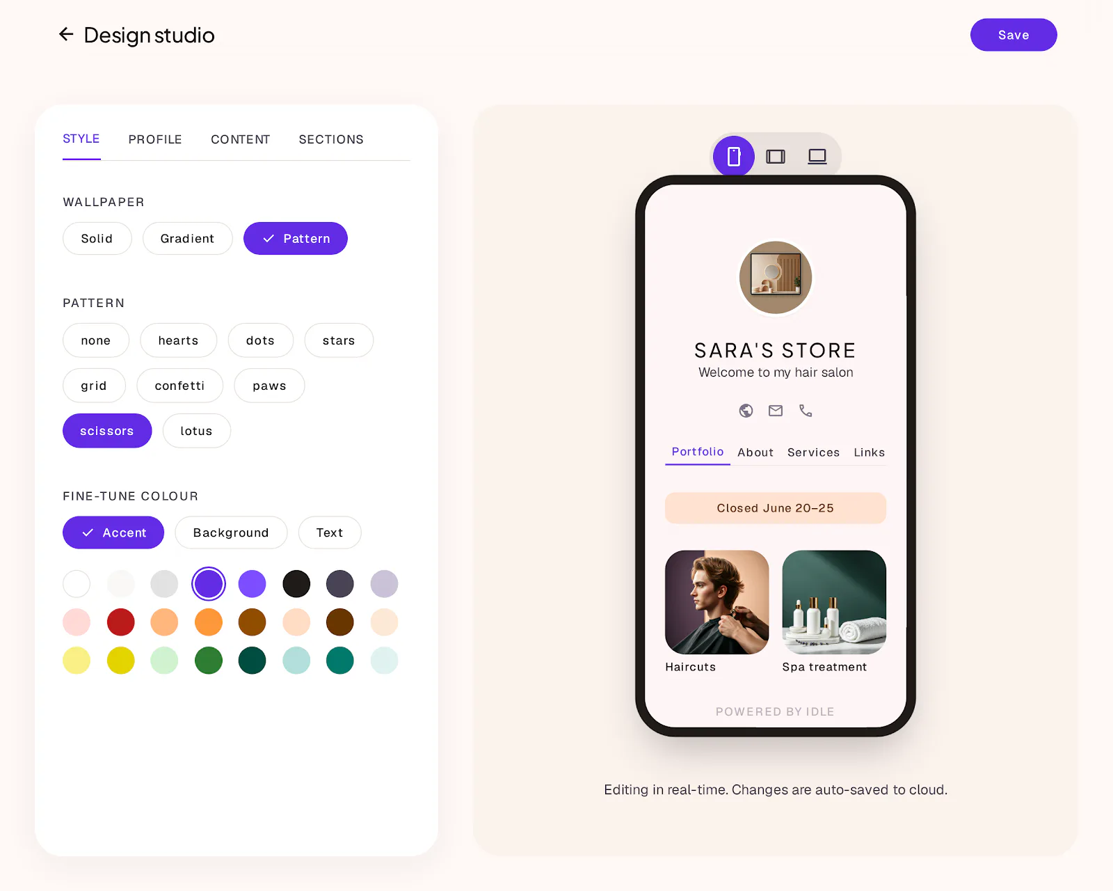 The Idle design studio, customising a booking page