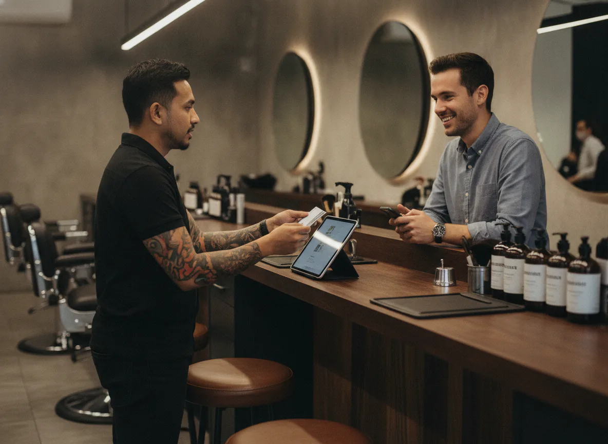 A salon team member applying a voucher at checkout on a tablet