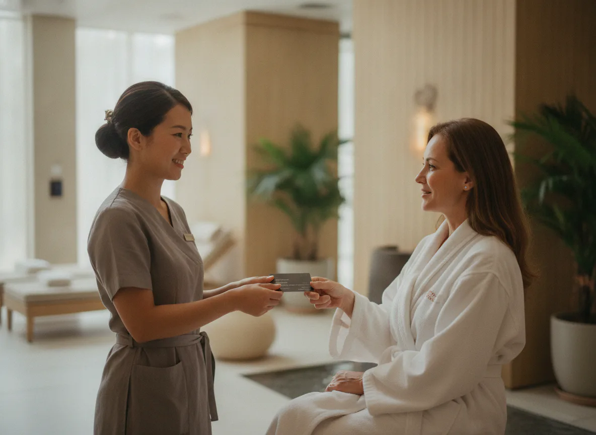 A loyal client greeted warmly at a calm salon reception