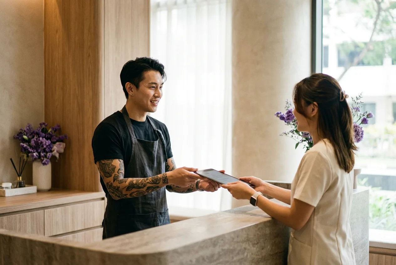 A client checking out at a calm salon front desk