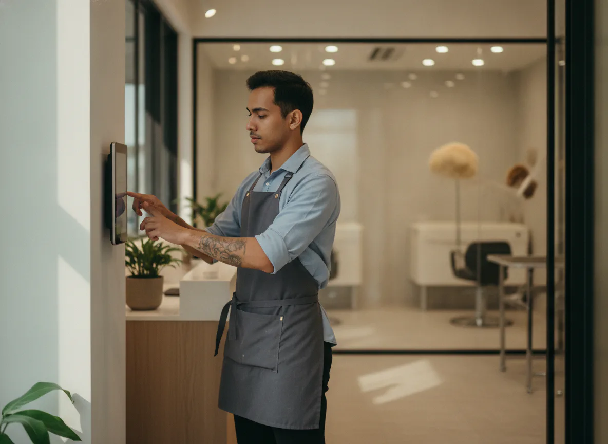 A staff member clocking in on a device at the salon front desk
