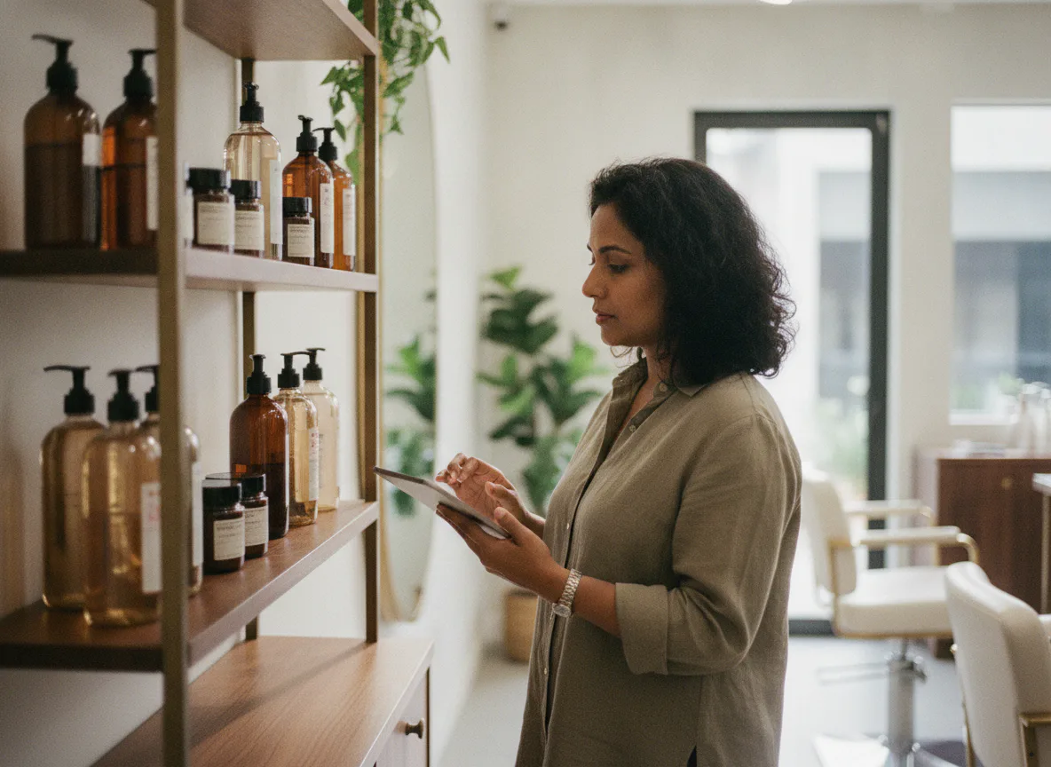 A salon owner checking stock at the retail counter