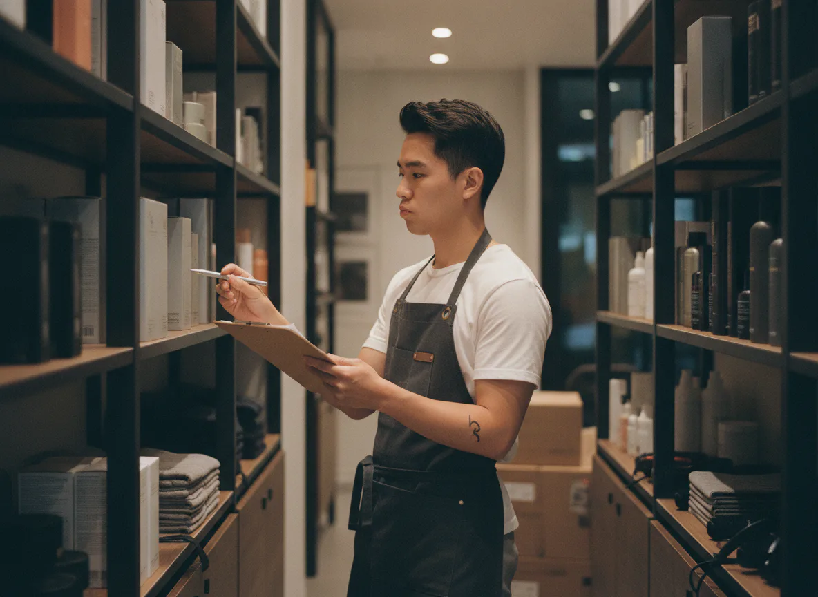 A salon manager running a stock-take on a tablet at reception
