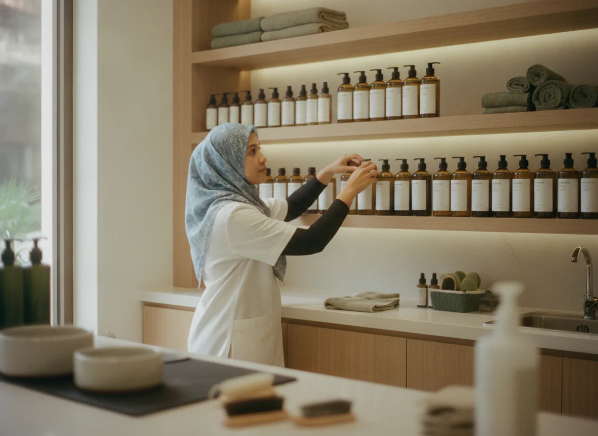 A salon owner reviewing a restock order on a phone