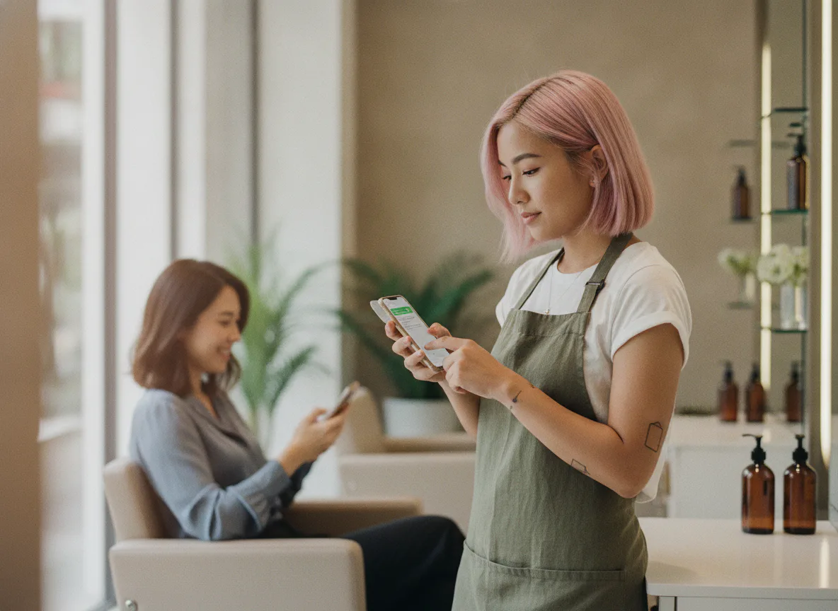 A salon owner replying to a client on her phone at reception