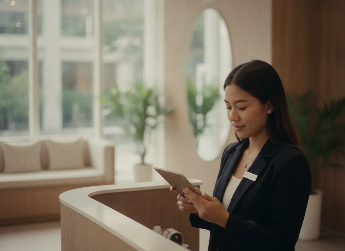 A salon manager reviewing client reminders on a tablet at reception