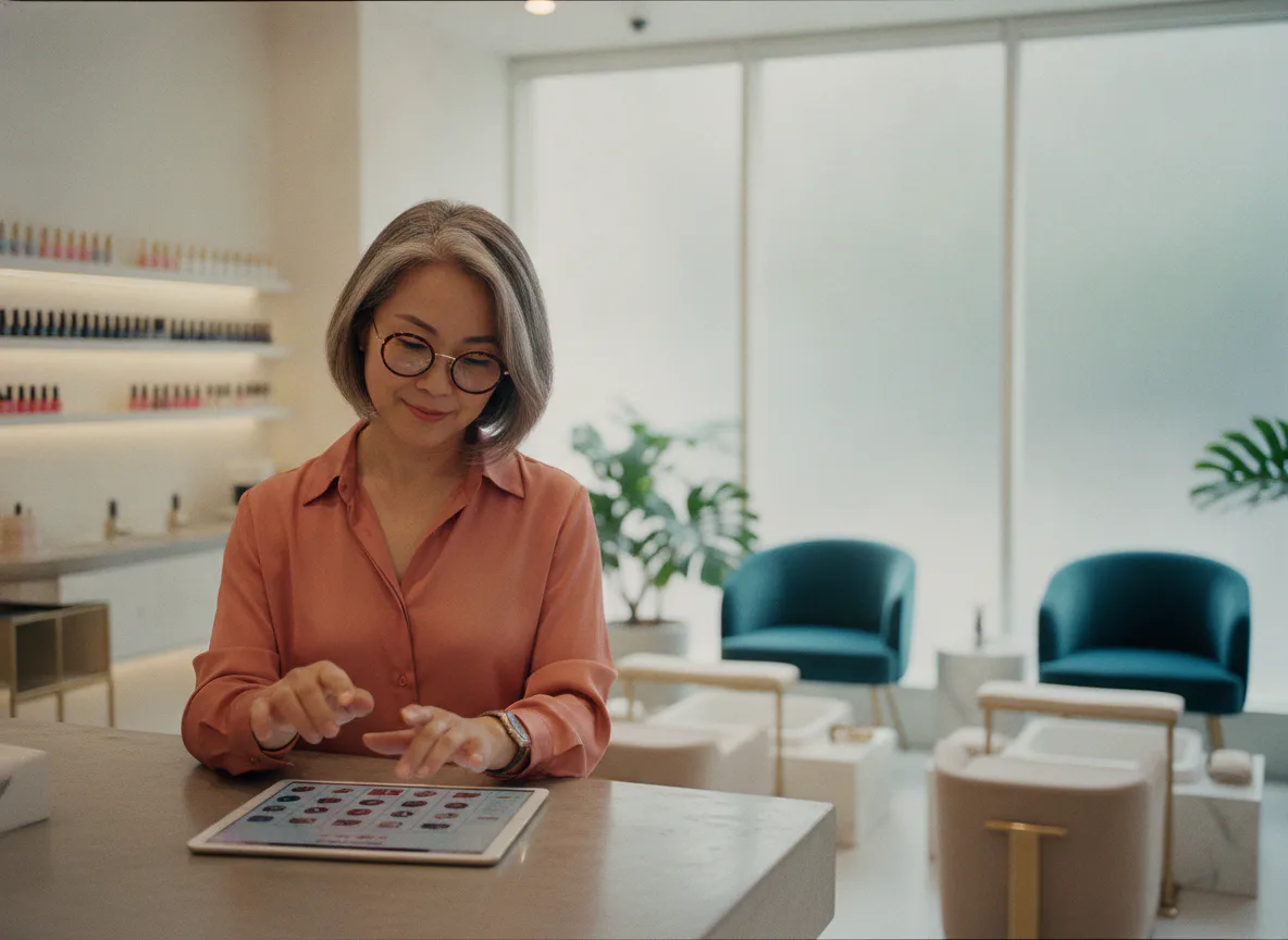 A salon owner pricing a package at a calm front desk