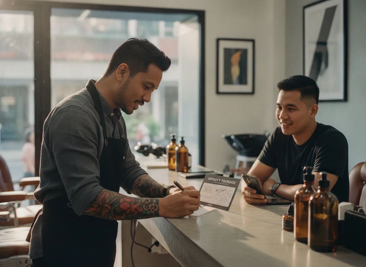 A client redeeming a package at a warm salon front desk
