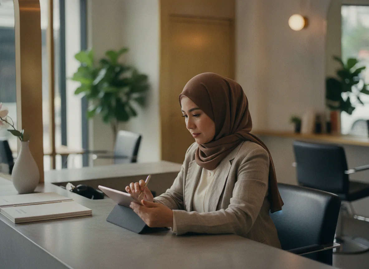 A salon team working from a shared device at the front counter