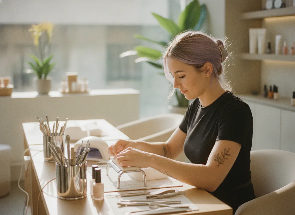 A salon manager reviewing the day's bookings on a tablet at reception