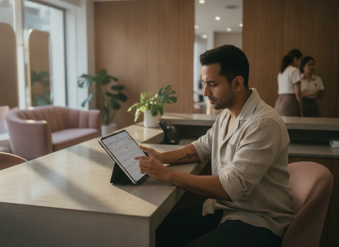 A salon manager reviewing the live calendar on a tablet at reception