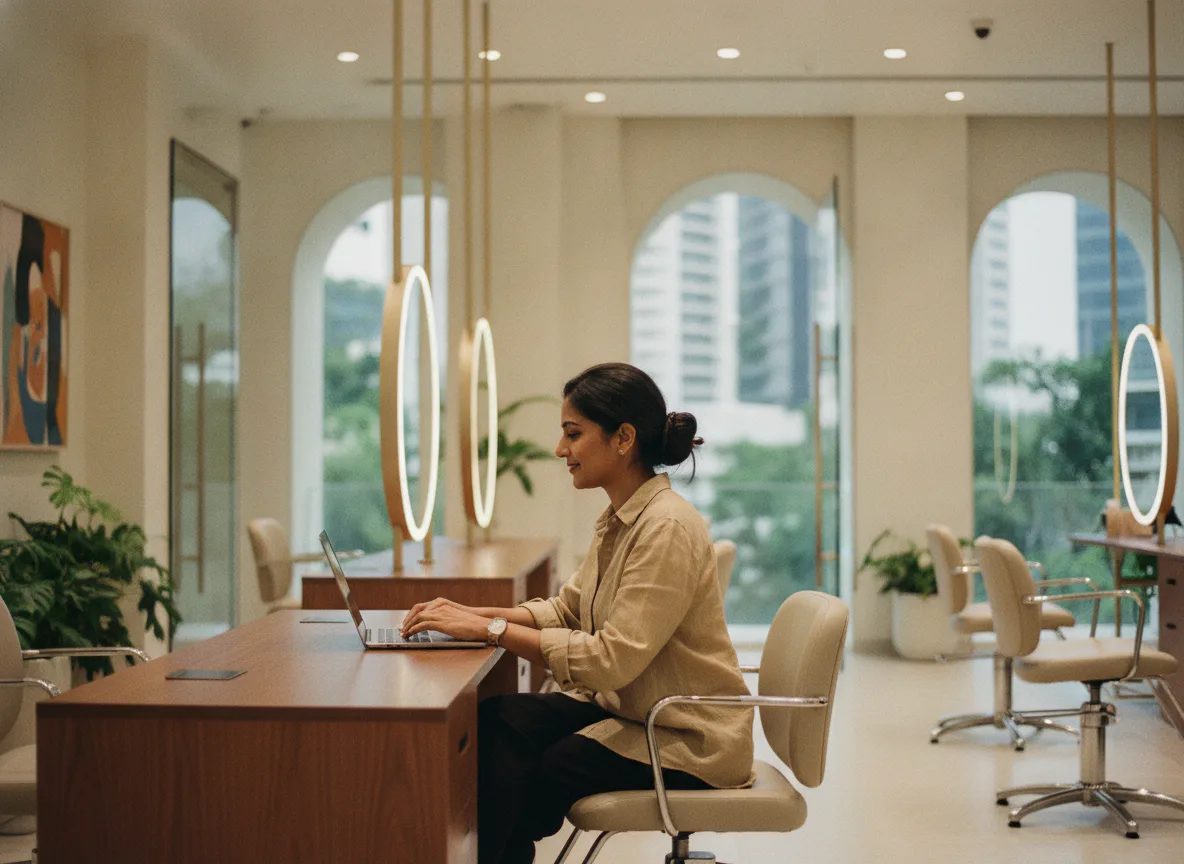 A calm salon front desk where client records are handled with care