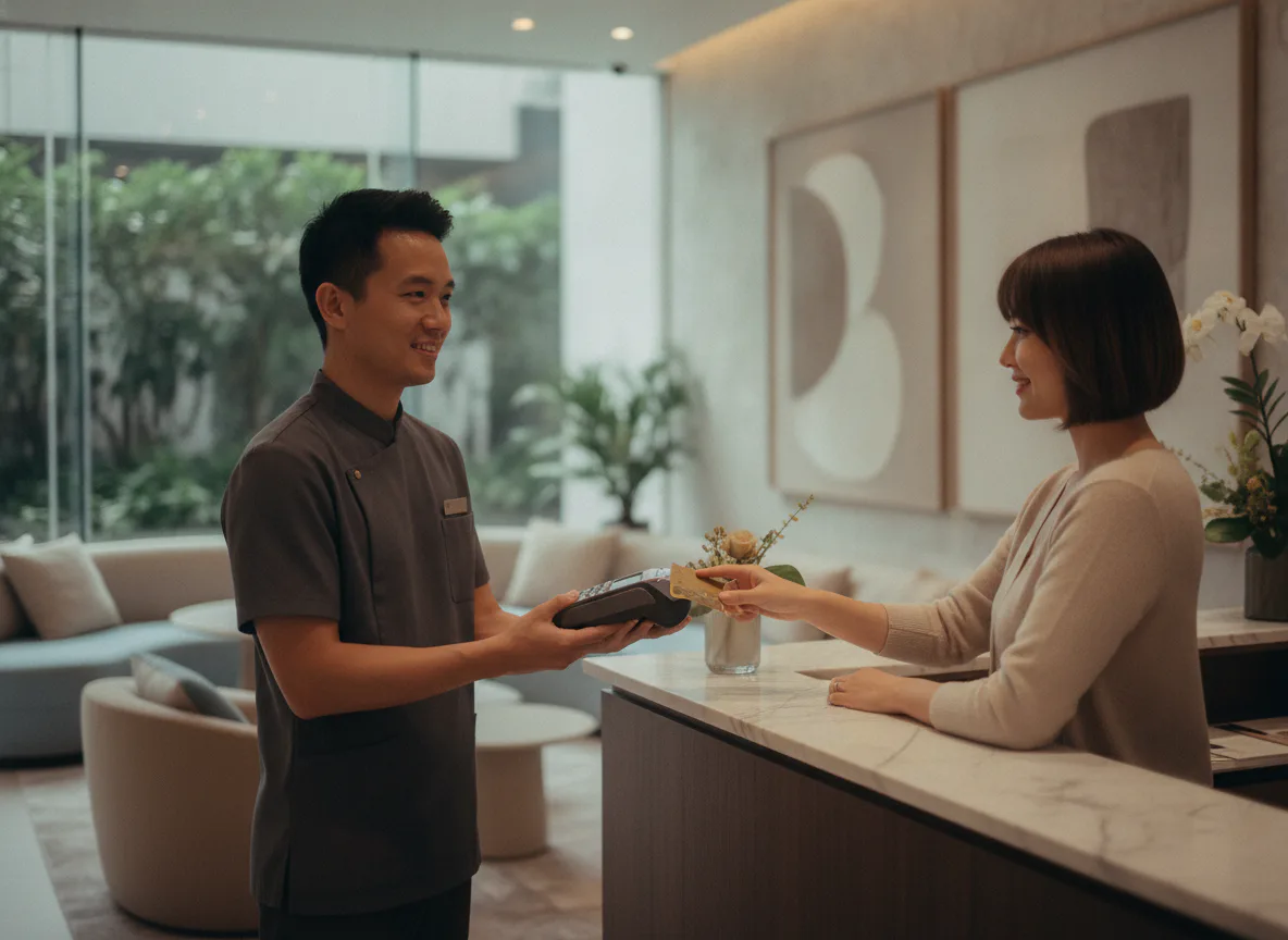 A client paying securely at a calm salon counter