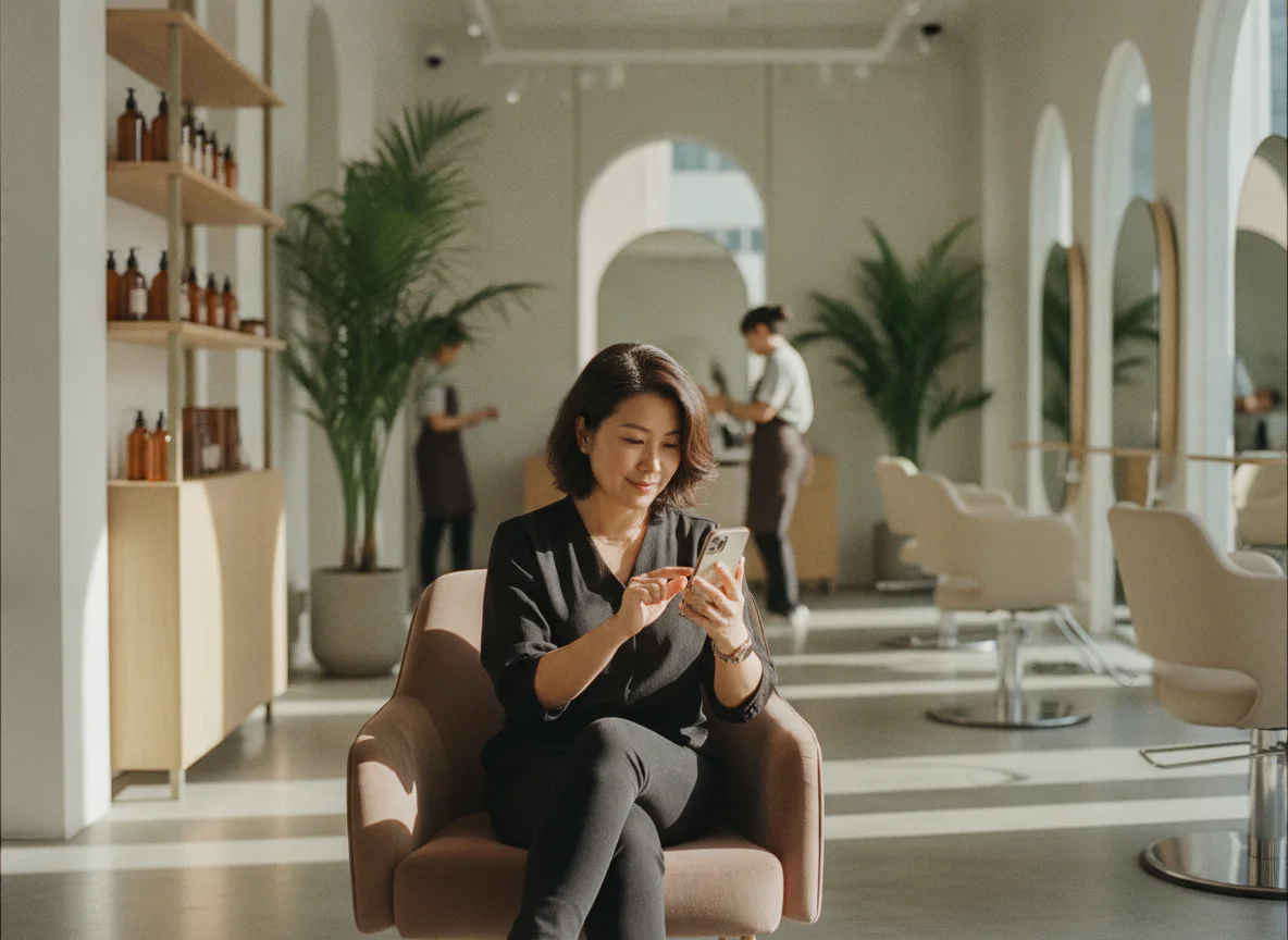 A salon owner approving booking requests on a tablet at a marble reception